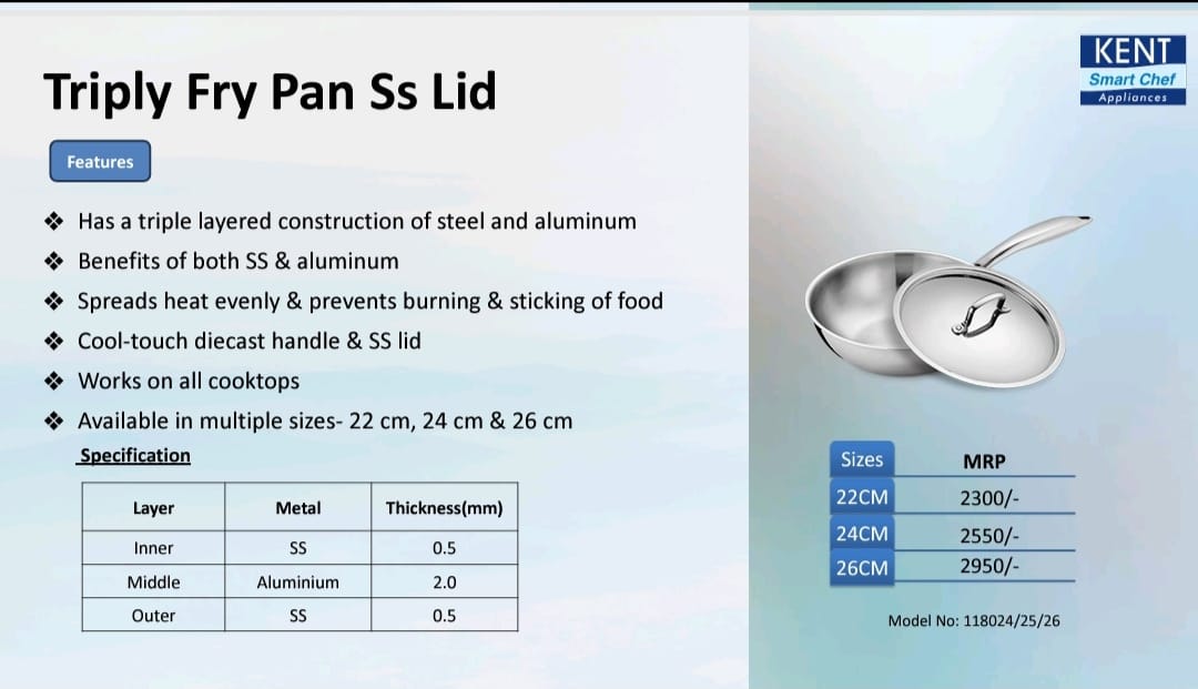 kent triply fry pan ss lid